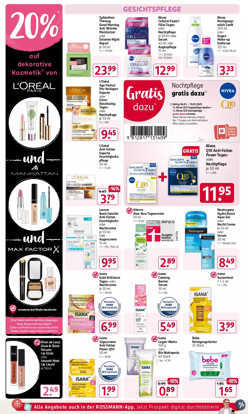 Aktueller Prospekt Rossmann - Prospekte - von 06.01 bis 31.01.2025 - strona 8 - produkty: aloe vera, alterra, angebot, angebote, anti-falten experte, aqua, Augenpflege, Bebe, bio, coupon, creme, feuchtigkeitspflege, gesichtspflege, isana, Kollagen, kosmetik, lavera, Make-up, milch, nachtcreme, nachtpflege, neutrogena, nivea, Q10, Reinigung, Reinigungsmilch, reinigungstücher, rum, sana, Serum, tagescreme, Tagespflege, Ti, tücher, wattepads