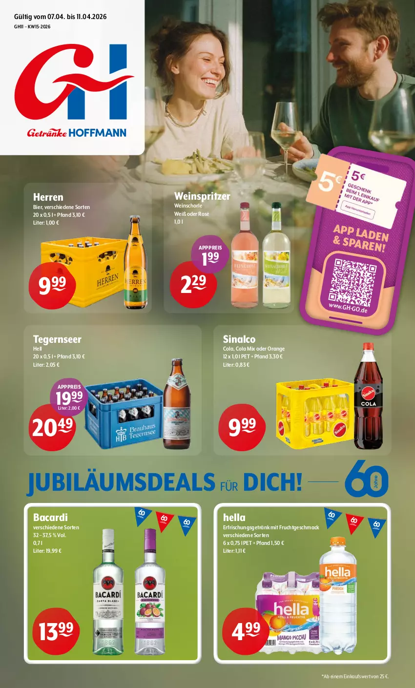 Aktueller Prospekt Getraenke Hoffmann - Prospekte - von 07.04 bis 11.04.2026 - strona 1 - produkty: bacardi, bier, cola, eis, erfrischungsgetränk, frucht, getränk, hella, Jubiläums, mac, mit frucht, orange, reis, schorle, sinalco, Tegernseer, Ti, wein, weinschorle