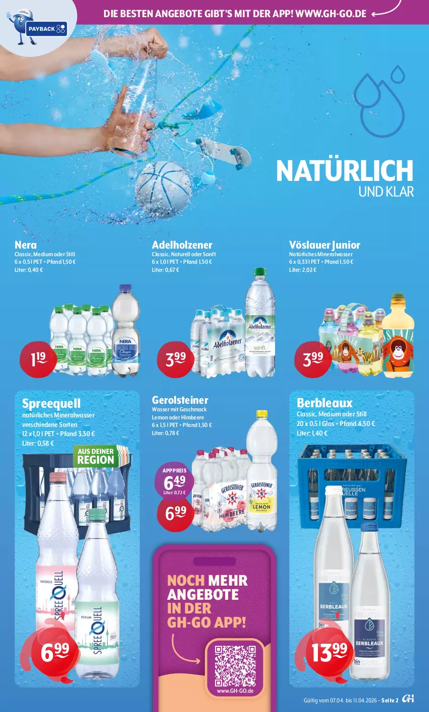 Aktueller Prospekt Getraenke Hoffmann - Prospekte - von 07.04 bis 11.04.2026 - strona 2 - produkty: adelholzener, Alwa, angebot, angebote, auer, beere, eis, gerolsteine, gerolsteiner, himbeer, himbeere, Holz, mac, mineralwasser, natur, natürliches mineralwasser, reis, rel, Spreequell, steiner, Ti, vöslauer, wasser