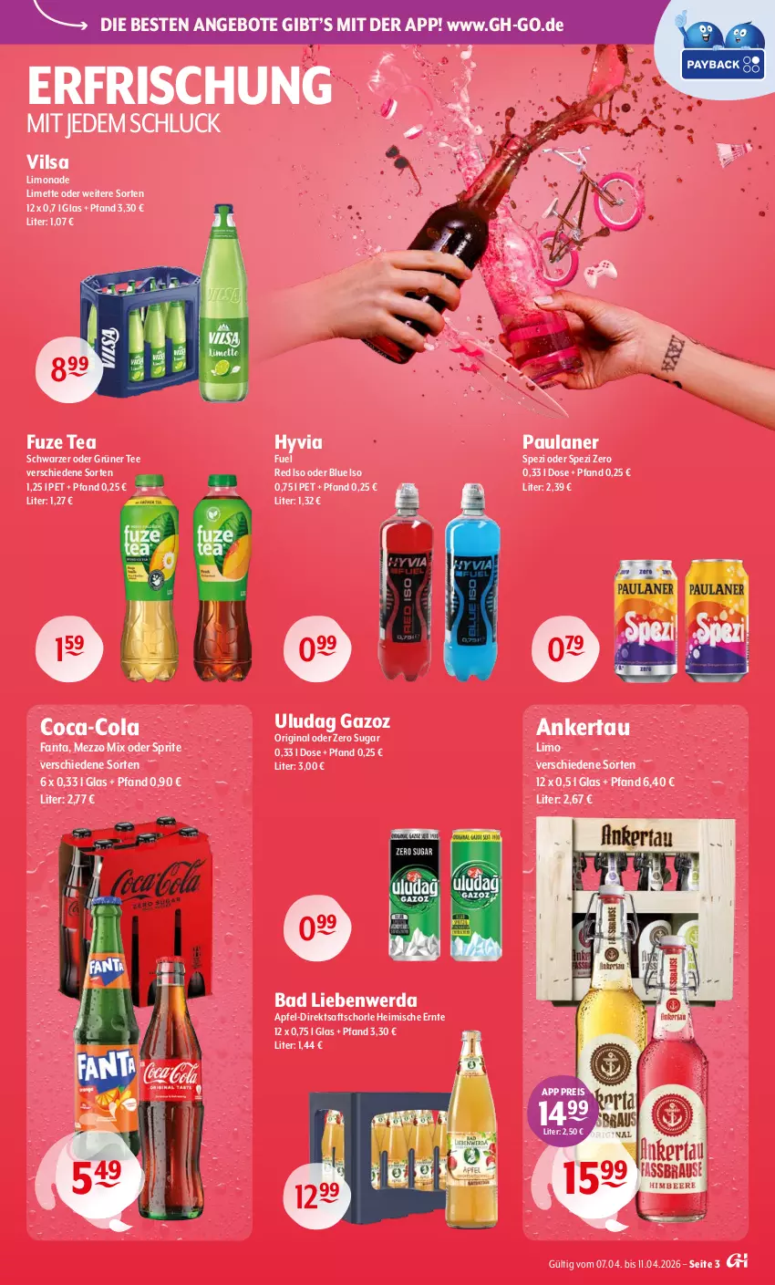 Aktueller Prospekt Getraenke Hoffmann - Prospekte - von 07.04 bis 11.04.2026 - strona 3 - produkty: angebot, angebote, apfel, Bad, Bad Liebenwerda, coca-cola, cola, direktsaft, eis, fanta, fuze tea, gin, grüner tee, limette, limo, limonade, Mett, Mezzo Mix, oder sprite, Paula, paulaner, reis, saft, schorle, Spezi, sprite, tee, Ti, vilsa