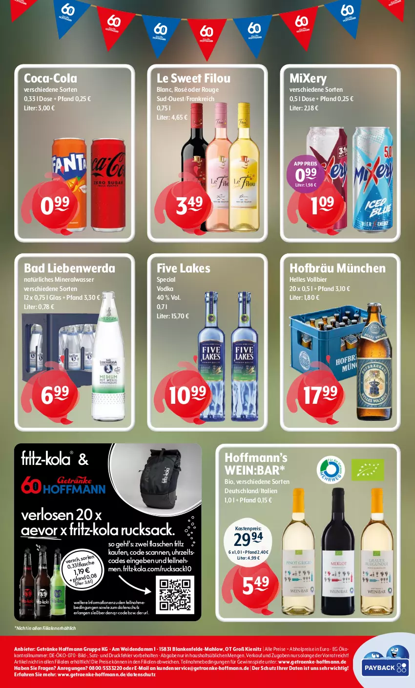 Aktueller Prospekt Getraenke Hoffmann - Prospekte - von 07.04 bis 11.04.2026 - strona 8 - produkty: abholpreise, Alwa, Bad, Bad Liebenwerda, bier, bio, coca-cola, cola, eis, elle, flasche, fritz, fritz-kola, getränk, getränke, gewinnspiel, mineralwasser, Mixer, mixery, natürliches mineralwasser, reis, rouge, rucksack, sac, Spiele, Ti, uhr, vodka, wasser, wein