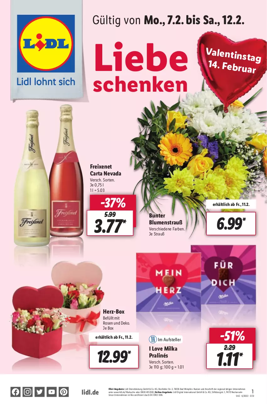 Aktueller Prospekt Lidl - Aktionsprospekt - von 07.02 bis 12.02.2022 - strona 1 - produkty: angebot, angebote, Bad, bio, blume, blumen, Blumenstrauß, eis, elle, freixenet, milka, rosen, teller, Ti