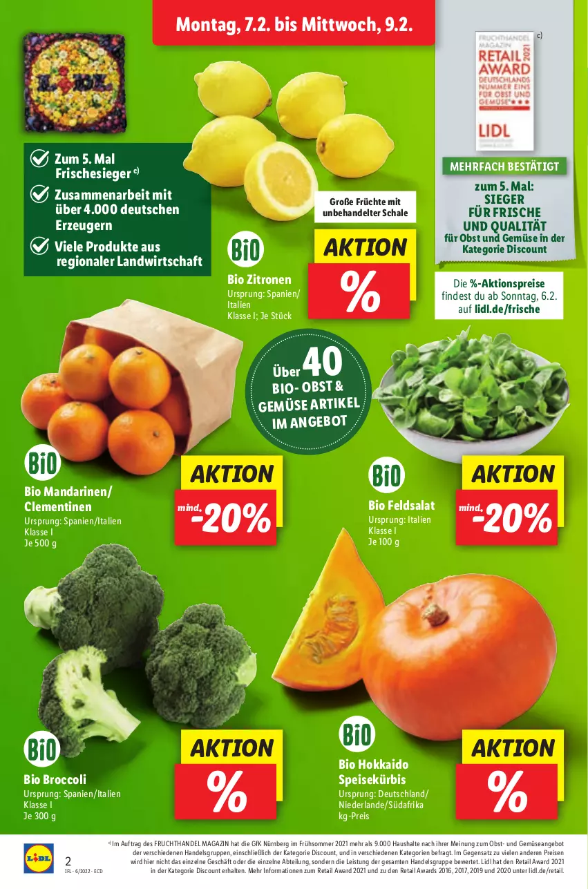 Aktueller Prospekt Lidl - Aktionsprospekt - von 07.02 bis 12.02.2022 - strona 10 - produkty: Abtei, aktionspreis, angebot, bio, broccoli, clementinen, discount, eis, feldsalat, frucht, früchte, Kürbis, magazin, mandarine, mandarinen, obst, Obst und Gemüse, reis, salat, Schal, Schale, Ti, und gemüse, zitrone, zitronen