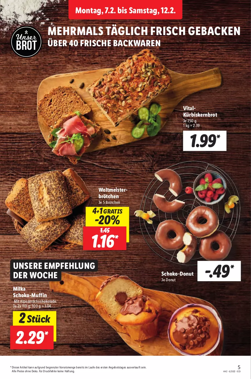 Aktueller Prospekt Lidl - Aktionsprospekt - von 07.02 bis 12.02.2022 - strona 13 - produkty: alpenmilch, angebot, backwaren, brot, brötchen, Donut, eis, frische backwaren, geback, Kürbis, Meister, milch, milka, Muffin, reis, schoko, schokolade, Ti, vita, ZTE