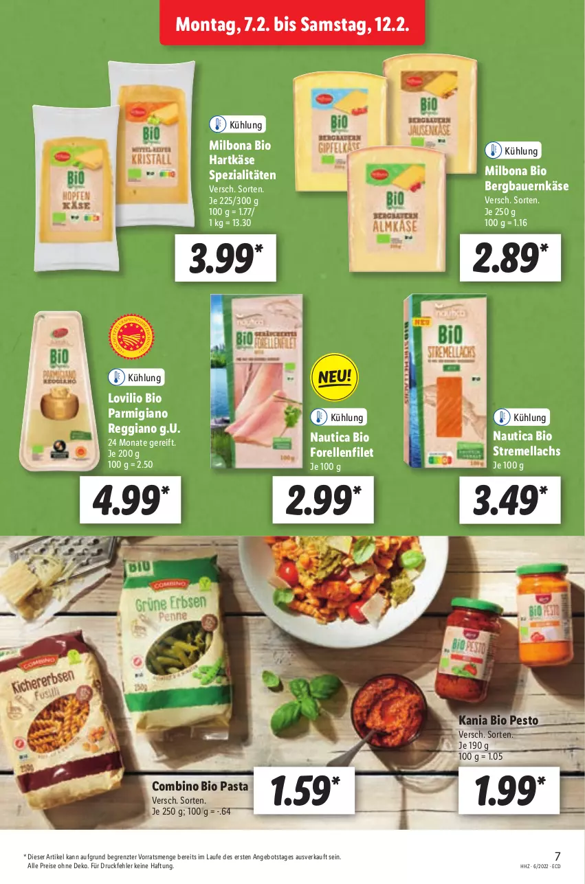 Aktueller Prospekt Lidl - Aktionsprospekt - von 07.02 bis 12.02.2022 - strona 15 - produkty: angebot, auer, Bau, Bauer, bio, Bona, eis, elle, filet, forelle, hartkäse, Käse, lachs, Milbona, parmigiano, parmigiano reggiano, pasta, pesto, reggiano, reis, rel, Spezi, Ti, ZTE