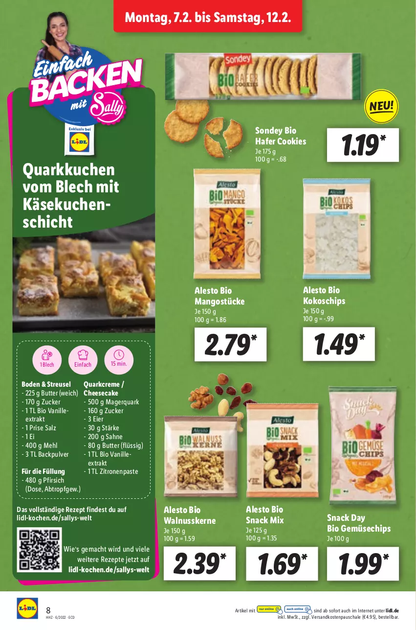 Aktueller Prospekt Lidl - Aktionsprospekt - von 07.02 bis 12.02.2022 - strona 16 - produkty: alesto, bio, bio gemüse, butter, cheesecake, chips, cookie, cookies, creme, eier, hafer, Käse, käsekuchen, kokos, kuchen, mac, mango, mangos, mehl, ndk, nuss, pfirsich, quark, rezept, rezepte, sahne, salz, Schal, Schale, snack, Sondey, Ti, vanille, walnuss, walnusskerne, zitrone, zitronen, zucker