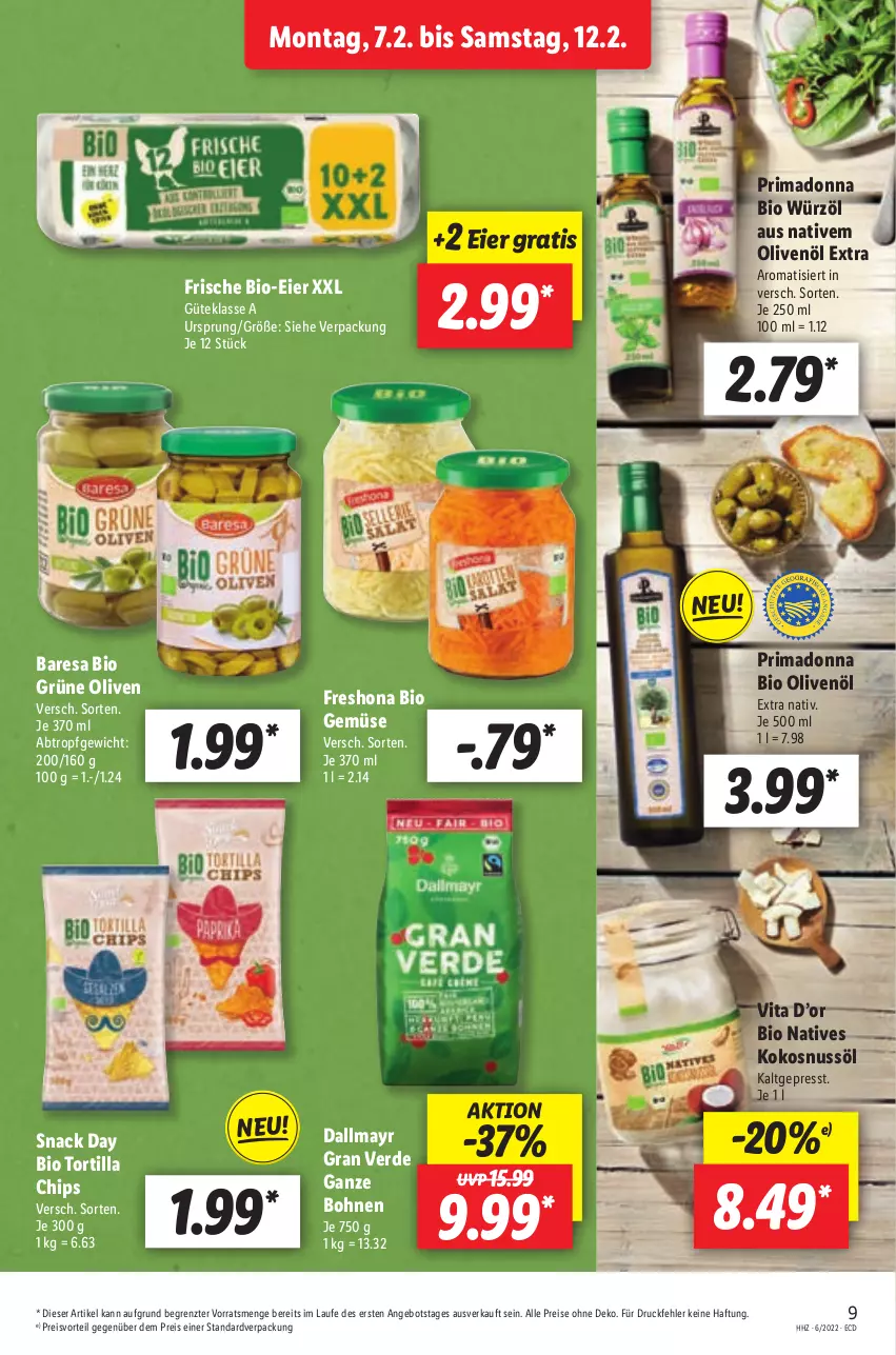 Aktueller Prospekt Lidl - Aktionsprospekt - von 07.02 bis 12.02.2022 - strona 17 - produkty: angebot, bio, bio gemüse, bohne, bohnen, chips, dallmayr, eier, eis, erde, grüne oliven, kokos, kokosnuss, Kokosnussöl, nuss, olive, oliven, olivenöl, olivenöl extra, preisvorteil, reis, resa, snack, Ti, tortilla, Tortilla Chips, vita, ZTE