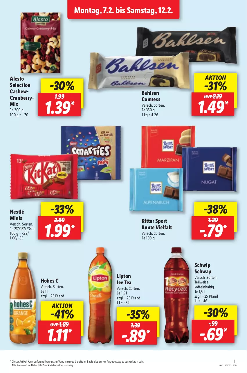 Aktueller Prospekt Lidl - Aktionsprospekt - von 07.02 bis 12.02.2022 - strona 19 - produkty: alesto, angebot, bahlsen, Cashew, comtess, cranberry, eis, Hohes C, ice tea, lipton, lipton ice tea, nestlé, reis, ritter, ritter sport, Schwip Schwap, Sport, Ti, ZTE