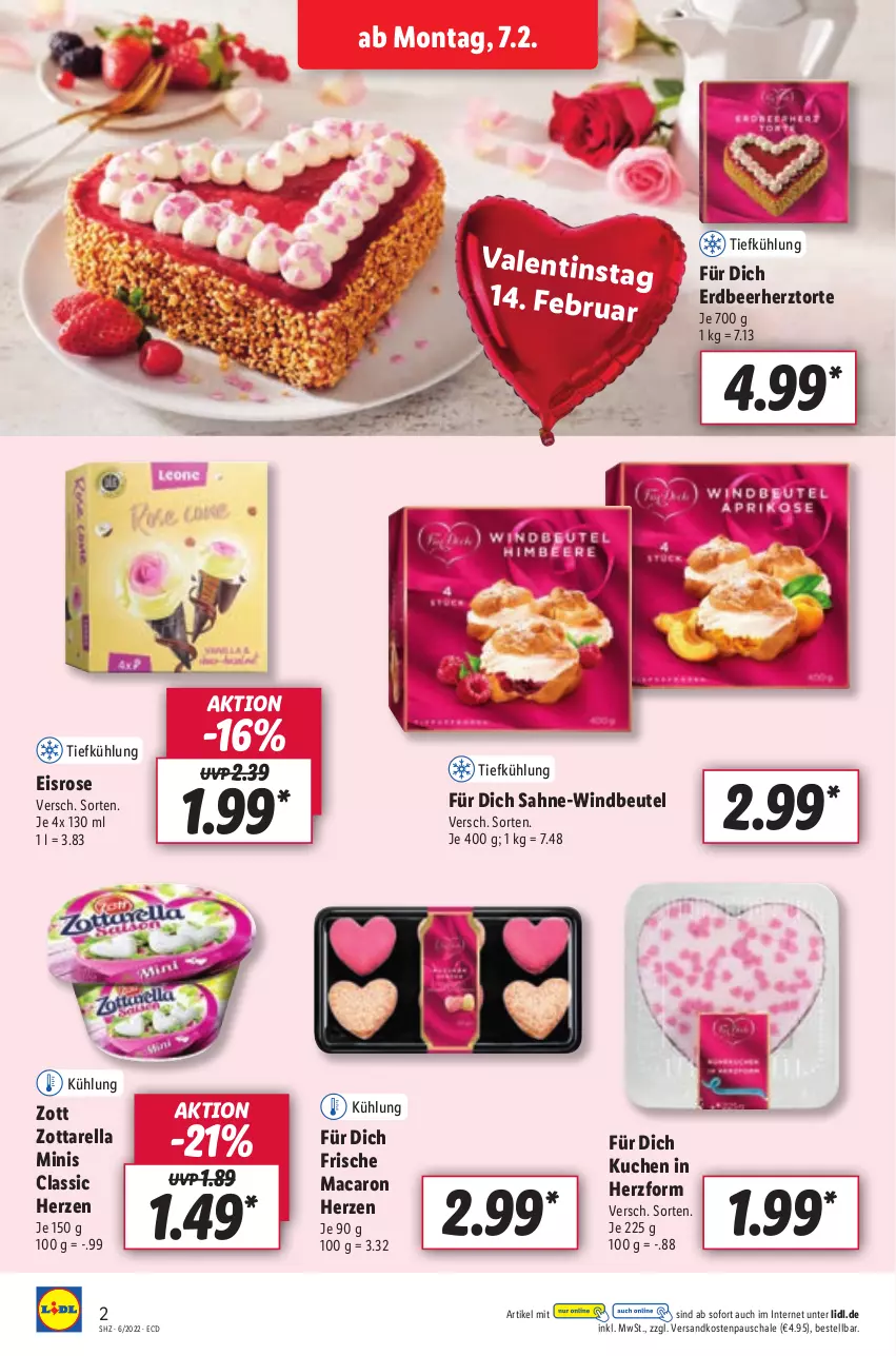 Aktueller Prospekt Lidl - Aktionsprospekt - von 07.02 bis 12.02.2022 - strona 2 - produkty: beutel, eis, kuchen, mac, ndk, rel, sahne, Schal, Schale, Ti, torte, Windbeutel, zott, zottarella, zottarella minis