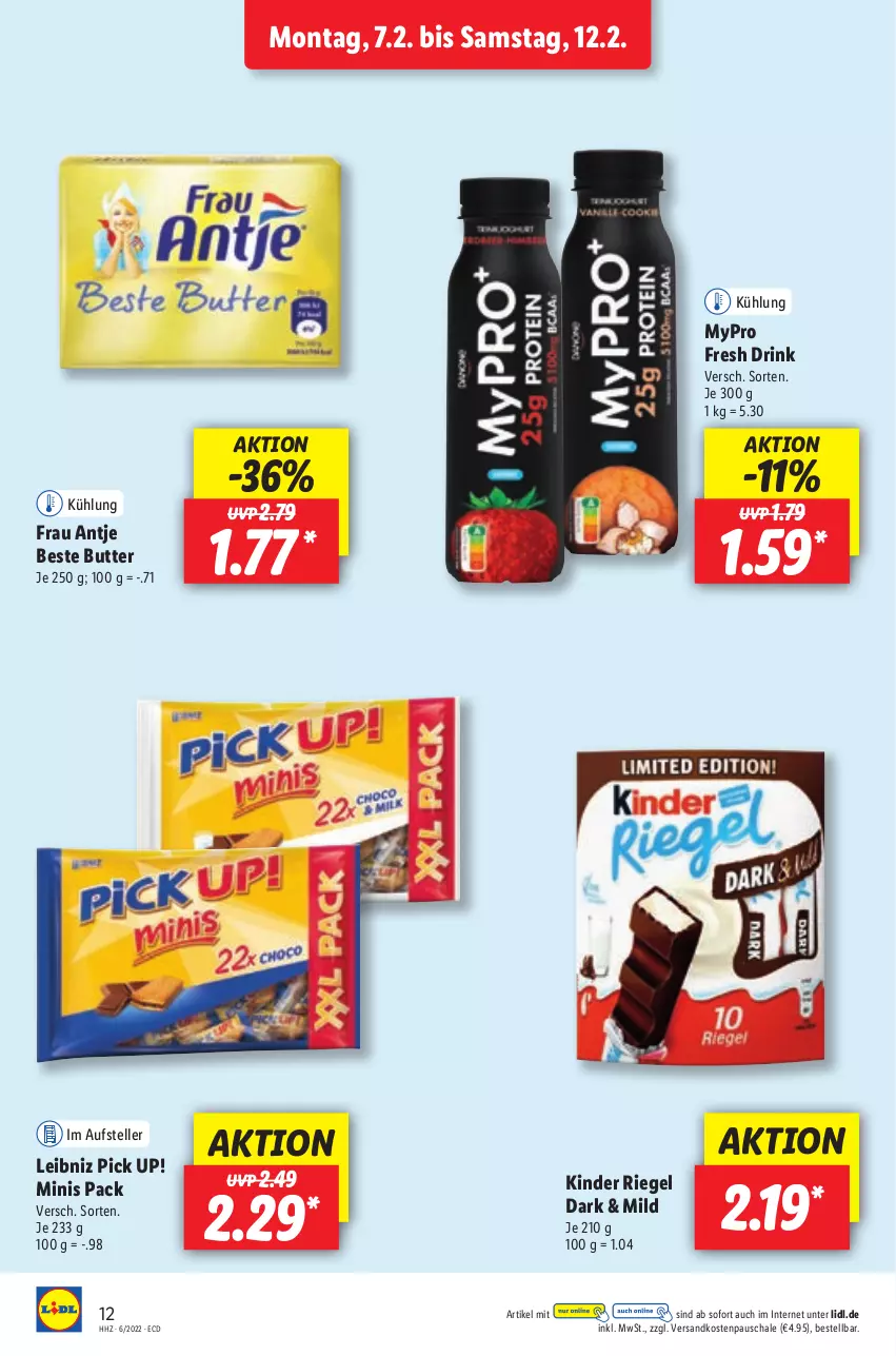 Aktueller Prospekt Lidl - Aktionsprospekt - von 07.02 bis 12.02.2022 - strona 20 - produkty: beste butter, butter, drink, elle, frau antje, Kinder, kinder riegel, leibniz, ndk, Pick Up!, riegel, Schal, Schale, teller, Ti