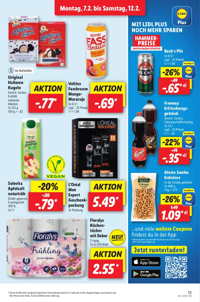 Aktueller Prospekt Lidl - Aktionsprospekt - von 07.02 bis 12.02.2022 - strona 21 - produkty: alesto, alkohol, angebot, apfel, apfelsaft, brause, coupon, coupons, eis, elle, erdnüsse, erfrischungsgetränk, fassbrause, Floralys, frucht, geschenkpackung, getränk, gin, jumbo, küche, Küchen, küchentücher, Kugel, mango, maracuja, natur, pils, reis, saft, Schal, Schale, teller, Ti, tücher, veltins, vita, ZTE