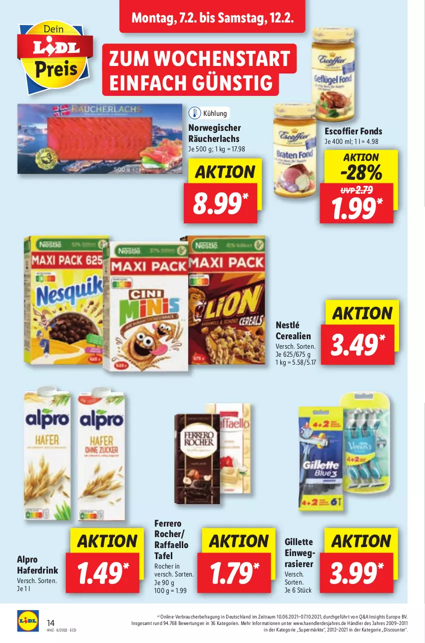 Aktueller Prospekt Lidl - Aktionsprospekt - von 07.02 bis 12.02.2022 - strona 22 - produkty: alpro, cerealien, discount, drink, einwegrasierer, erde, ferrero, Ferrero Rocher, gillette, hafer, Haferdrink, lachs, nestlé, raffaello, rasierer, Rauch, Räucherlachs, rwe, Ti