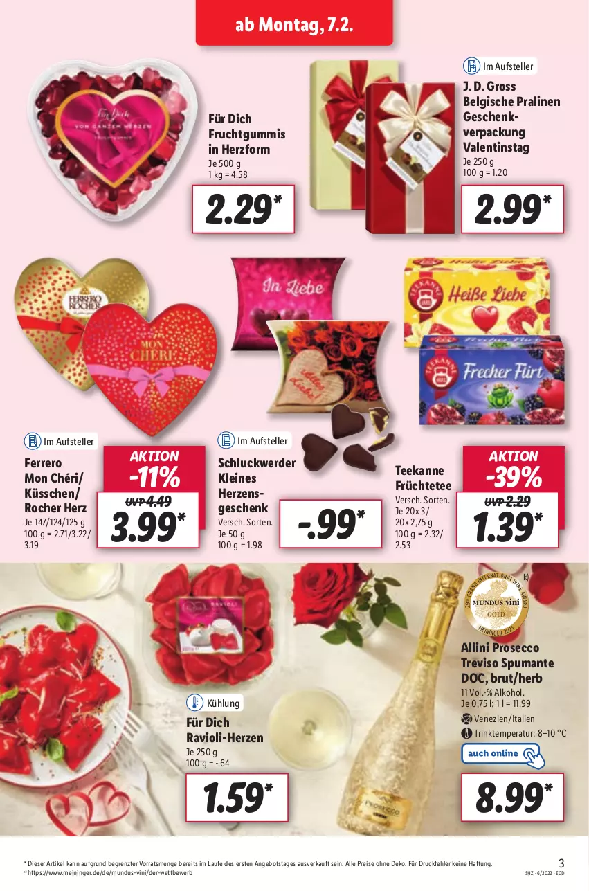 Aktueller Prospekt Lidl - Aktionsprospekt - von 07.02 bis 12.02.2022 - strona 3 - produkty: alkohol, angebot, Belgische Pralinen, brut, ecco, eis, elle, erde, ferrero, frucht, früchte, Früchtetee, fruchtgummi, fruchtgummis, leine, LG, Mon Chéri, pralinen, prosecco, puma, ravioli, reis, spumante, tee, teekanne, teller, Ti, ZTE