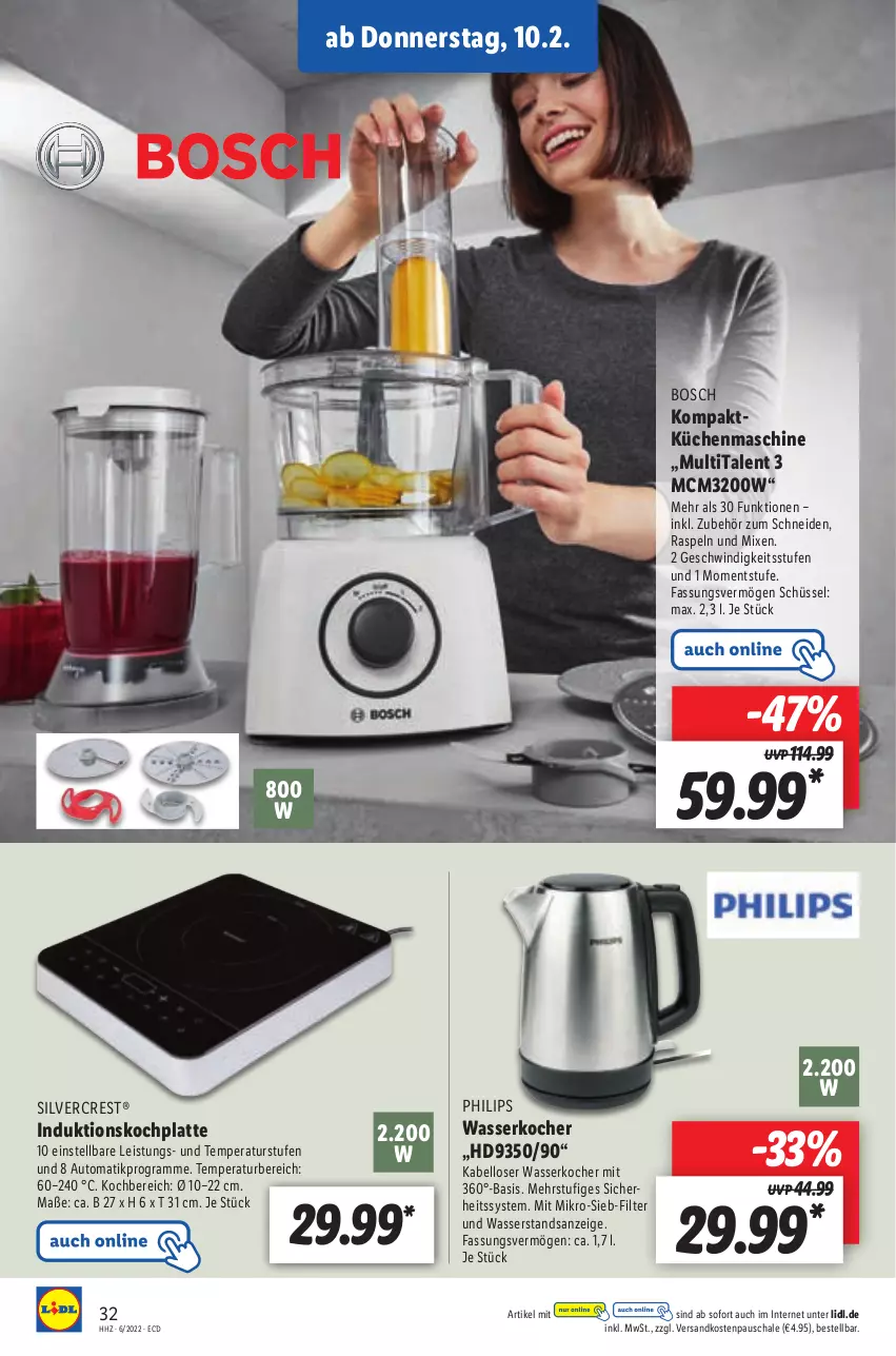 Aktueller Prospekt Lidl - Aktionsprospekt - von 07.02 bis 12.02.2022 - strona 40 - produkty: auto, bosch, eis, HP, Kocher, küche, Küchen, küchenmaschine, latte, ndk, Philips, Schal, Schale, schüssel, silvercrest, Ti, wasser, wasserkocher