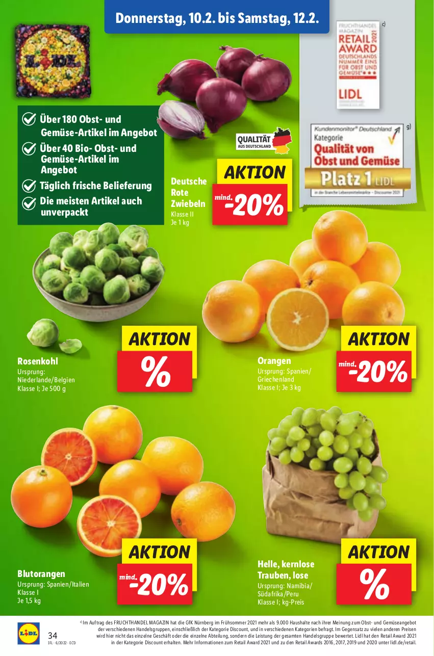 Aktueller Prospekt Lidl - Aktionsprospekt - von 07.02 bis 12.02.2022 - strona 42 - produkty: Abtei, angebot, bio, Blutorange, discount, eis, elle, frucht, LG, magazin, obst, orange, orangen, reis, rosen, Rosenkohl, Rote Zwiebel, Ti, trauben, und gemüse, zwiebel, zwiebeln