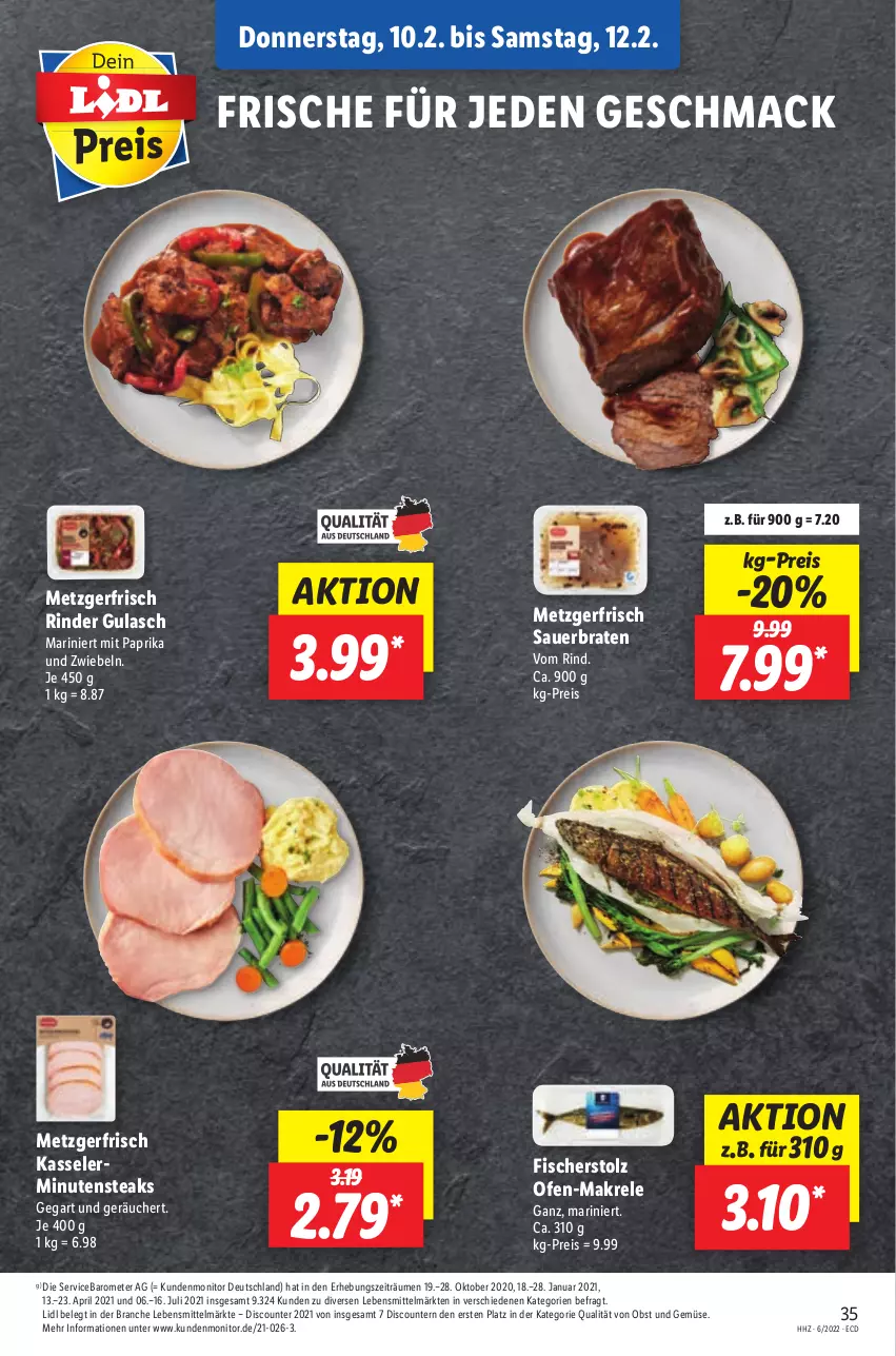 Aktueller Prospekt Lidl - Aktionsprospekt - von 07.02 bis 12.02.2022 - strona 43 - produkty: auer, braten, discount, eis, fisch, fische, Fischer, gulasch, kasseler, lebensmittel, mac, Makrele, minutensteaks, mit paprika, monitor, obst, Obst und Gemüse, Ofen, paprika, pril, reis, rel, rind, rinder, steak, steaks, Ti, und gemüse, zwiebel, zwiebeln