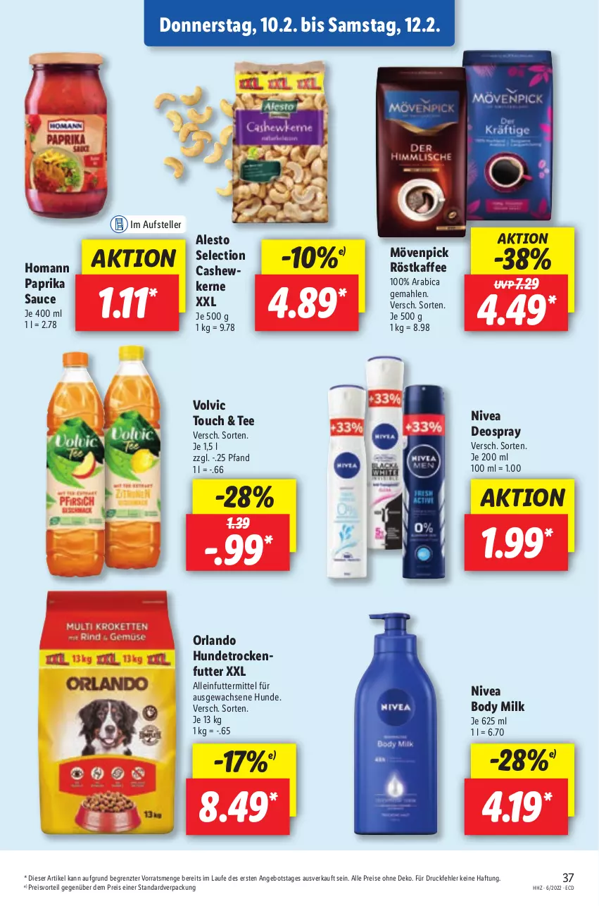 Aktueller Prospekt Lidl - Aktionsprospekt - von 07.02 bis 12.02.2022 - strona 45 - produkty: alesto, alleinfuttermittel, angebot, body, body milk, Cashew, deo, deospray, eis, elle, homann, kaffee, mövenpick, nivea, paprika, preisvorteil, reis, röstkaffee, sauce, tee, teller, Ti, volvic, ZTE