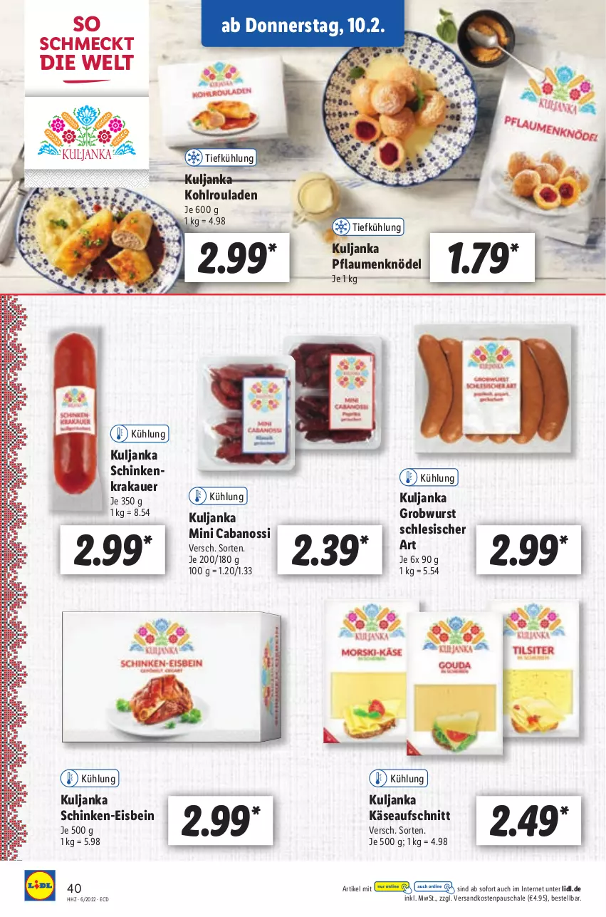 Aktueller Prospekt Lidl - Aktionsprospekt - von 07.02 bis 12.02.2022 - strona 48 - produkty: auer, aufschnitt, Cabanossi, eis, Käse, Knödel, Kohlrouladen, krakauer, ndk, pflaume, pflaumen, rouladen, Schal, Schale, schinken, schinkenkrakauer, Ti, wurst