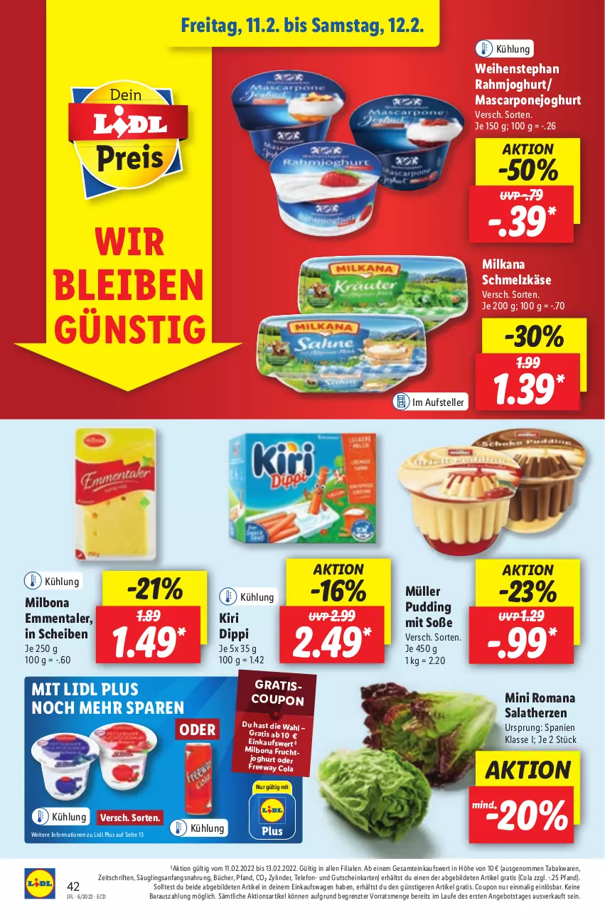 Aktueller Prospekt Lidl - Aktionsprospekt - von 07.02 bis 12.02.2022 - strona 50 - produkty: angebot, Bona, cola, coupon, dip, elle, emmentaler, frucht, fruchtjoghurt, gutschein, joghur, joghurt, Käse, kiri, mascarpone, Milbona, milka, milkana, Müller, pudding, rahmjoghurt, salat, salatherzen, Schmelzkäse, Soße, telefon, teller, Ti, weihenstephan, ZTE