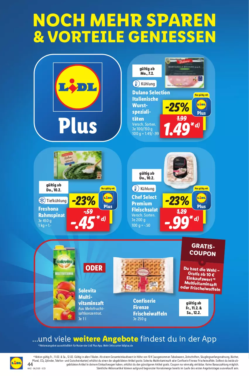 Aktueller Prospekt Lidl - Aktionsprospekt - von 07.02 bis 12.02.2022 - strona 52 - produkty: angebot, angebote, coupon, dulano, eis, fleisch, fleischsalat, frucht, fruchtsaft, gutschein, Multivitaminsaft, saft, salat, Spezi, spinat, telefon, Ti, vita, waffeln, wurst, ZTE