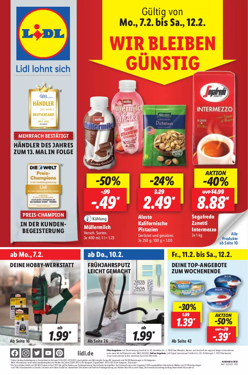 Aktueller Prospekt Lidl - Aktionsprospekt - von 07.02 bis 12.02.2022 - strona 9 - produkty: alesto, angebot, angebote, Bad, bio, champion, discount, eis, erde, Hobby, intermezzo, lebensmittel, LG, Liege, mac, milch, Müller, müllermilch, pistazien, pril, Rauch, reis, salz, Segafredo, Ti, top-angebot