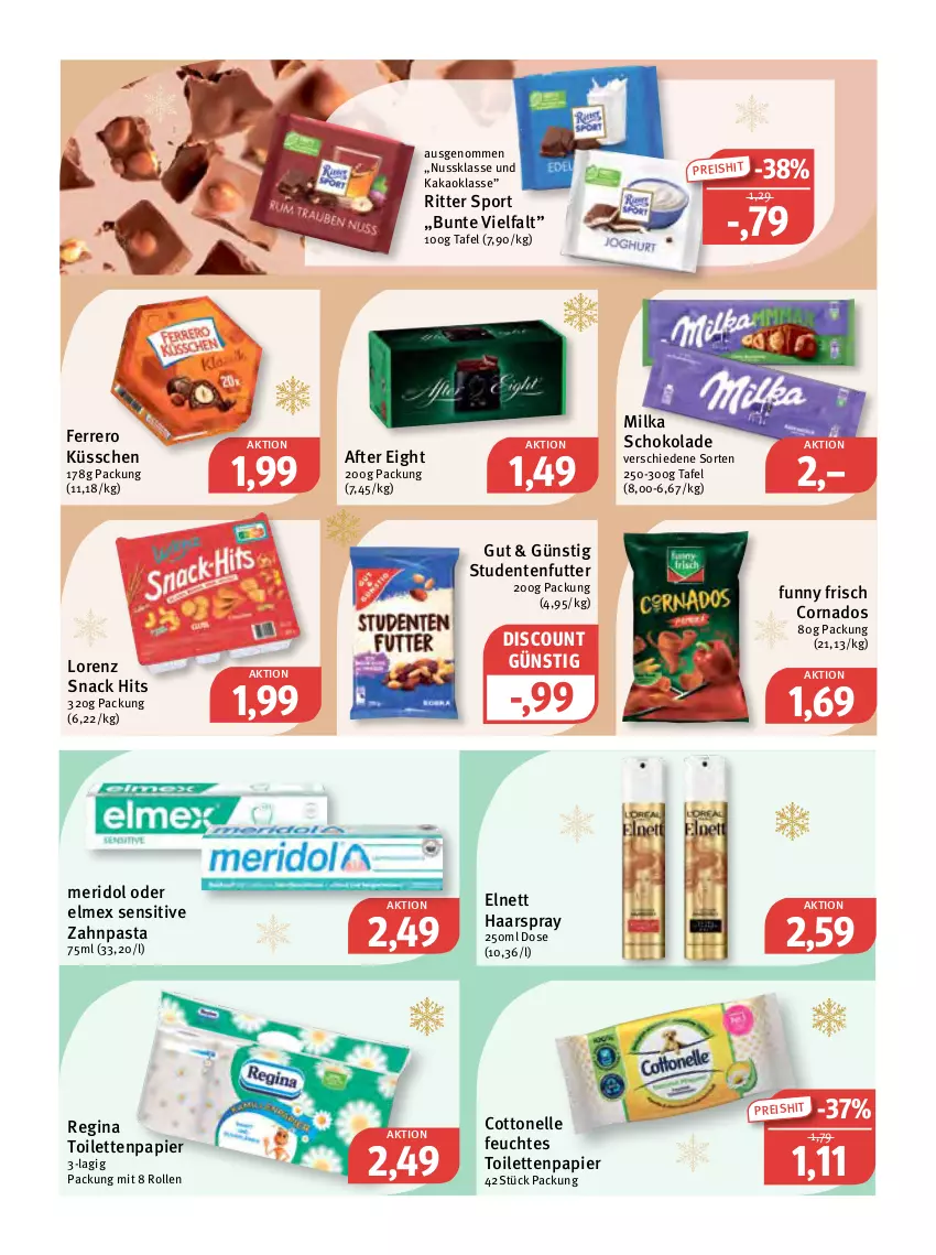 Aktueller Prospekt Feneberg - Prospekte - von 22.12 bis 24.12.2022 - strona 14 - produkty: after eight, cottonelle, discount, eis, elle, elmex, elnett, ente, ferrero, Ferrero Küsschen, feuchtes toilettenpapier, Funny Frisch, gin, haarspray, kakao, lorenz, meridol, milka, milka schokolade, nuss, papier, pasta, reis, ritter, ritter sport, schoko, schokolade, snack, snack hits, Sport, studentenfutter, Ti, toilettenpapier, zahnpasta