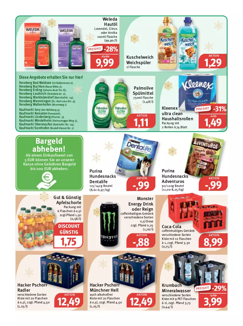 Aktueller Prospekt Feneberg - Prospekte - von 22.12 bis 24.12.2022 - strona 15 - produkty: adventuros, alkohol, Alwa, angebot, angebote, apfel, Apfelschorle, auer, Bad, ball, beutel, buch, chloe, citrus, coca-cola, coffein, cola, Diesel, discount, drink, Egger, eis, emmi, energy drink, flasche, getränk, hacker pschorr, hundesnack, hundesnacks, krumbach, Kuschelweich, lavendel, mineralwasser, monster, Monster Energy, Ofen, olive, palmolive, purina, radler, reis, rum, schorle, snack, snacks, spülmittel, Ti, wasser, weichspüler, weleda