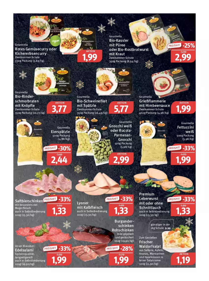 Aktueller Prospekt Feneberg - Prospekte - von 22.12 bis 24.12.2022 - strona 3 - produkty: ananas, bier, bierschinken, bio, braten, bratwurst, burgunder, Burgunderschinken, cin, cola, creme, curry, Edelsalami, eier, eierspätzle, eis, elle, erbsen, filet, fleisch, gnocchi, himbeer, Kalbfleisch, kichererbsen, Kraut, lamm, leberwurst, lyoner, mandarine, mandarinen, mit kalbfleisch, püree, reis, rind, rinder, rohschinken, rostbratwurst, rucola, saft, salami, salat, salatcreme, sauce, Schal, Schale, schinken, schmorbraten, schnittlauch, schwein, schweine, schweinefilet, spitzenqualität, Ti, tuc, wein, weine, wurst, Yo