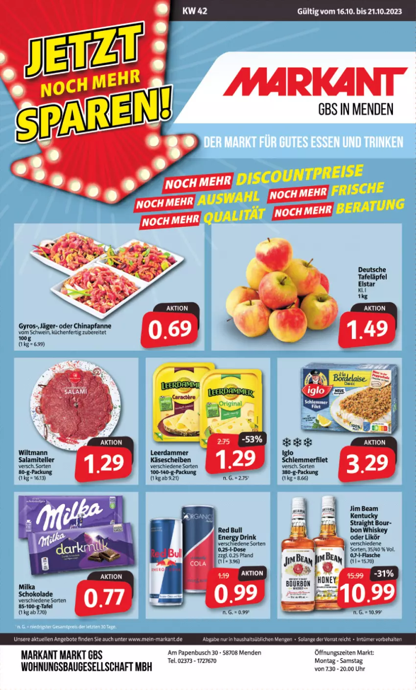 Aktueller Prospekt Markant - Prospekte - von 16.10 bis 21.10.2023 - strona 1 - produkty: angebot, angebote, Bau, drink, elle, energy drink, filet, flasche, gyros, iglo, jim beam, Käse, käsescheiben, kentucky straight, küche, Küchen, leerdammer, likör, pfanne, red bull, salami, schlemmerfilet, schoko, schokolade, schwein, teller, Ti, tuc, uhr, wein, whiskey, wiltmann