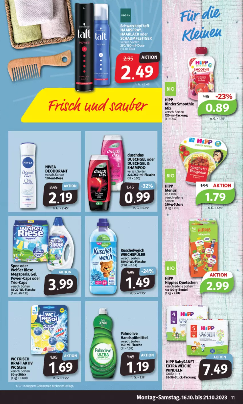 Aktueller Prospekt Markant - Prospekte - von 16.10 bis 21.10.2023 - strona 11 - produkty: beutel, Cap, deo, deodorant, duschdas, duschgel, flasche, hipp, Kinder, kraft, Kuschelweich, megaperls, nivea, olive, palmolive, Schal, Schale, shampoo, spee, spülmittel, Ti, wc frisch, WC Frisch Kraft Aktiv, weichspüler, windeln