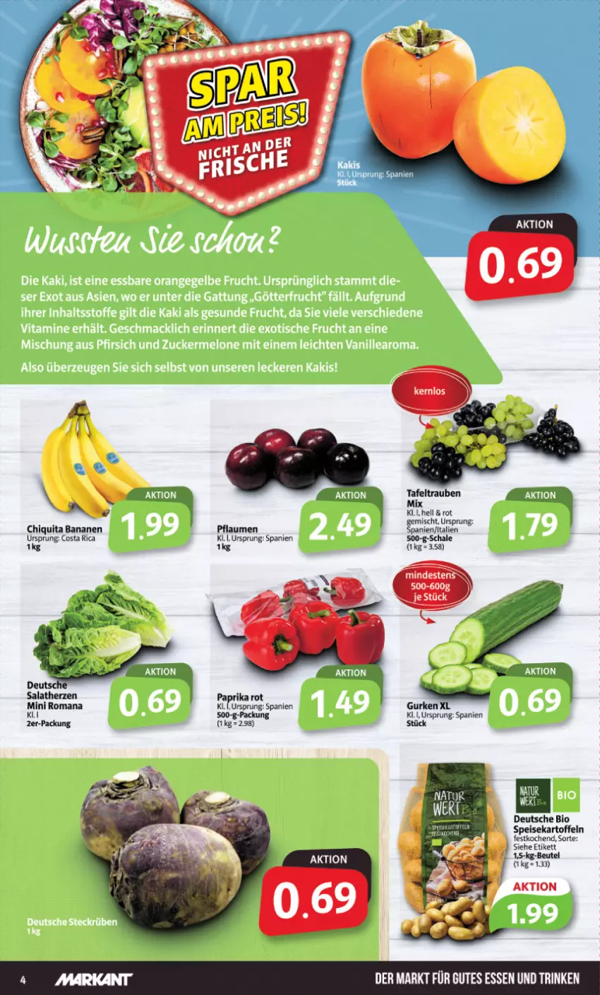 Aktueller Prospekt Markant - Prospekte - von 16.10 bis 21.10.2023 - strona 4 - produkty: banane, bananen, bio, chiquita, eis, gurke, gurken, gutes essen, kartoffel, kartoffeln, paprika, paprika rot, pflaume, pflaumen, salat, salatherzen, Schal, Schale, speisekartoffeln, tafeltrauben, Ti, trauben