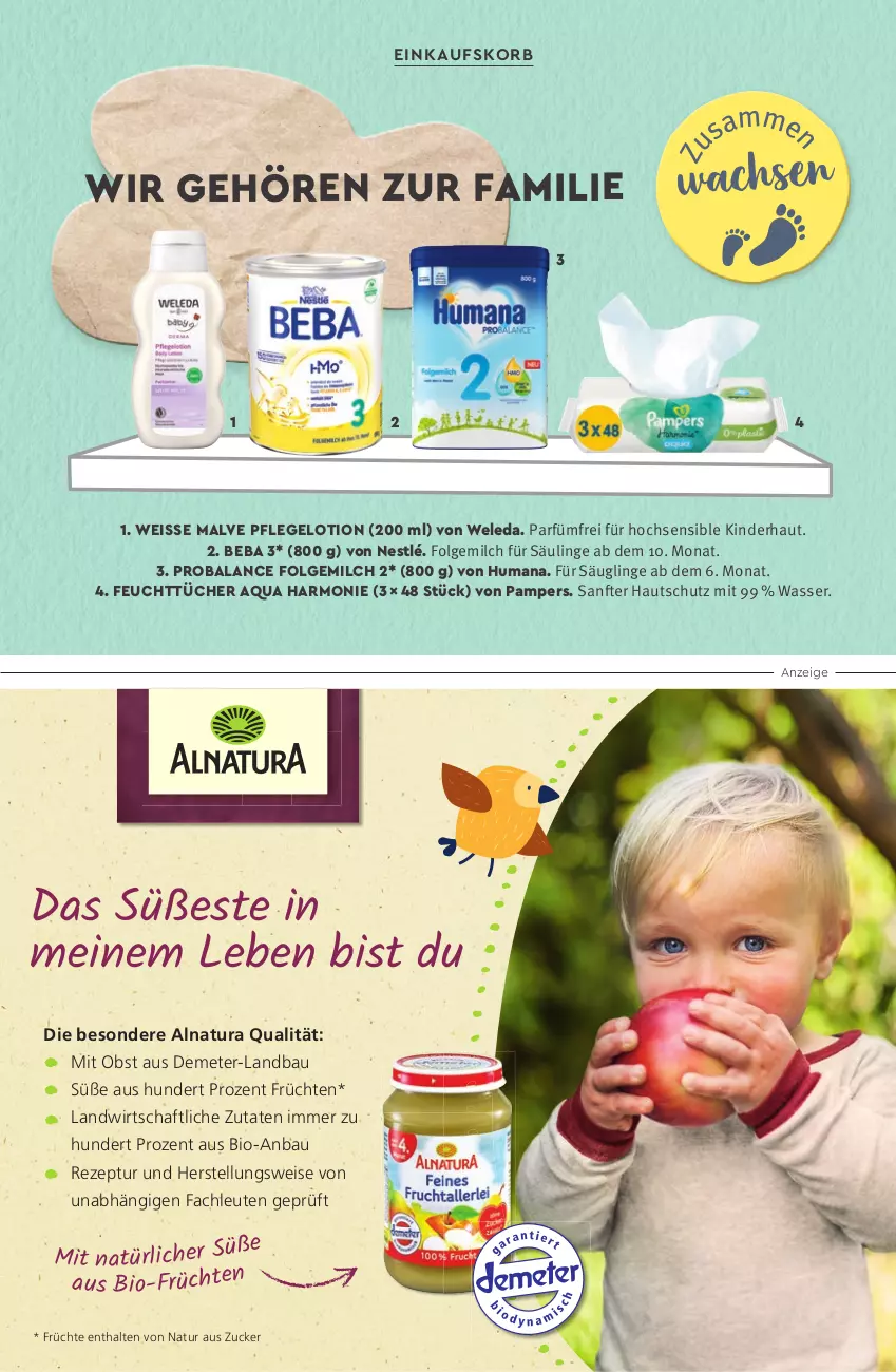 Aktueller Prospekt Rossmann - Prospekte - von 15.08 bis 02.10.2022 - strona 33 - produkty: aqua, Bau, Beba, bio, einkaufskorb, eis, feuchttücher, folgemilch, früchte, früchten, gsw, Kinder, korb, LG, Lotion, milch, natur, natura, nestlé, obst, pampers, rezept, roba, Ti, tücher, wasser, weleda, zucker