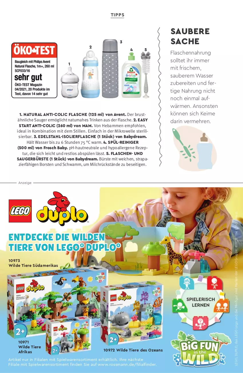 Aktueller Prospekt Rossmann - Prospekte - von 15.08 bis 02.10.2022 - strona 40 - produkty: babydream, bürste, decke, duplo, edelstahl, elle, flasche, Frosch, isolierflasche, LEGO®, mam, mikrowelle, milch, natur, natura, reiniger, rezept, sac, schwamm, spielwaren, Spülen, Ti, Tiere, wasser, Wild