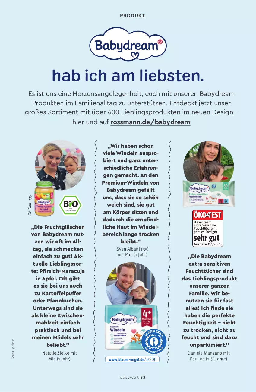 Aktueller Prospekt Rossmann - Prospekte - von 15.08 bis 02.10.2022 - strona 53 - produkty: apfel, auer, babydream, bier, elle, Engel, feuchttücher, frucht, kartoffel, kartoffelpuffer, kuchen, leine, mac, maracuja, Pfannkuchen, pfirsich, rwe, Ti, tisch, tücher, windeln