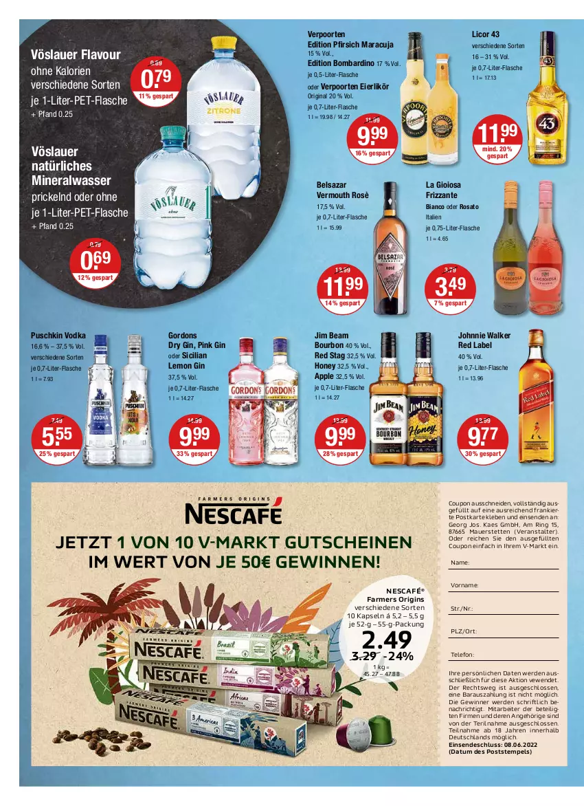 Aktueller Prospekt Vmarkt - V-Markt - von 02.06 bis 08.06.2022 - strona 10 - produkty: Alwa, Apple, auer, Belsazar, bourbon, coupon, dry gin, eier, eierlikör, erde, flasche, frizzante, gin, gordon, gordons, jim beam, johnnie walker, kaes, La Gioiosa, licor, licor 43, likör, maracuja, mineralwasser, natürliches mineralwasser, Nescafé, pet-flasche, pfirsich, pfirsich maracuja, puschkin vodka, ring, rosato, telefon, Ti, Vermouth, verpoorten, vodka, vöslauer, wasser