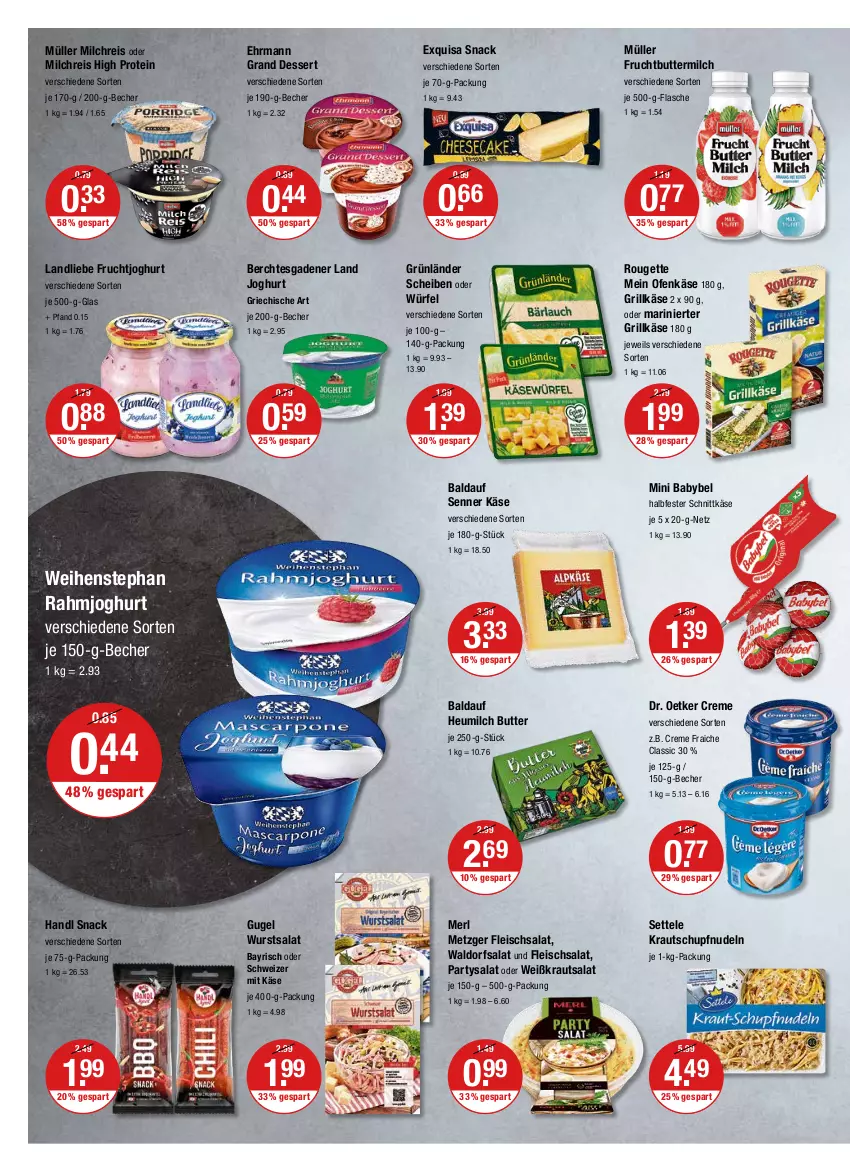 Aktueller Prospekt Vmarkt - V-Markt - von 02.06 bis 08.06.2022 - strona 6 - produkty: babybel, Becher, butter, buttermilch, creme, dessert, Dr. Oetker, ehrmann, Ehrmann Grand Dessert, eis, exquisa, flasche, fleisch, fleischsalat, frucht, fruchtjoghurt, grill, Grillkäse, grünländer, halbfester schnittkäse, Heu, heumilch, joghur, joghurt, Käse, Kraut, krautsalat, landliebe, merl, milch, milchreis, mini babybel, Müller, nudel, nudeln, Ofen, Ofenkäse, rahmjoghurt, reis, rouge, rougette, salat, schnittkäse, settele, snack, weihenstephan, würfel, wurst