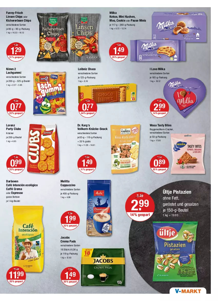 Aktueller Prospekt Vmarkt - V-Markt - von 02.06 bis 08.06.2022 - strona 9 - produkty: beutel, bites, bohne, bohnen, Cap, cappuccino, chips, cin, cookie, cracker, crema pads, darbo, darboven, erbsen, espresso, funny-frisch, jacobs, Jacobs Crema, keks, kekse, kichererbsen, Kichererbsen Chips, korn, kuchen, lachgummi, leibniz, linsen, lorenz, melitta, milka, Nimm 2, oder espresso, pistazien, salz, snack, Ti, ültje, wasa