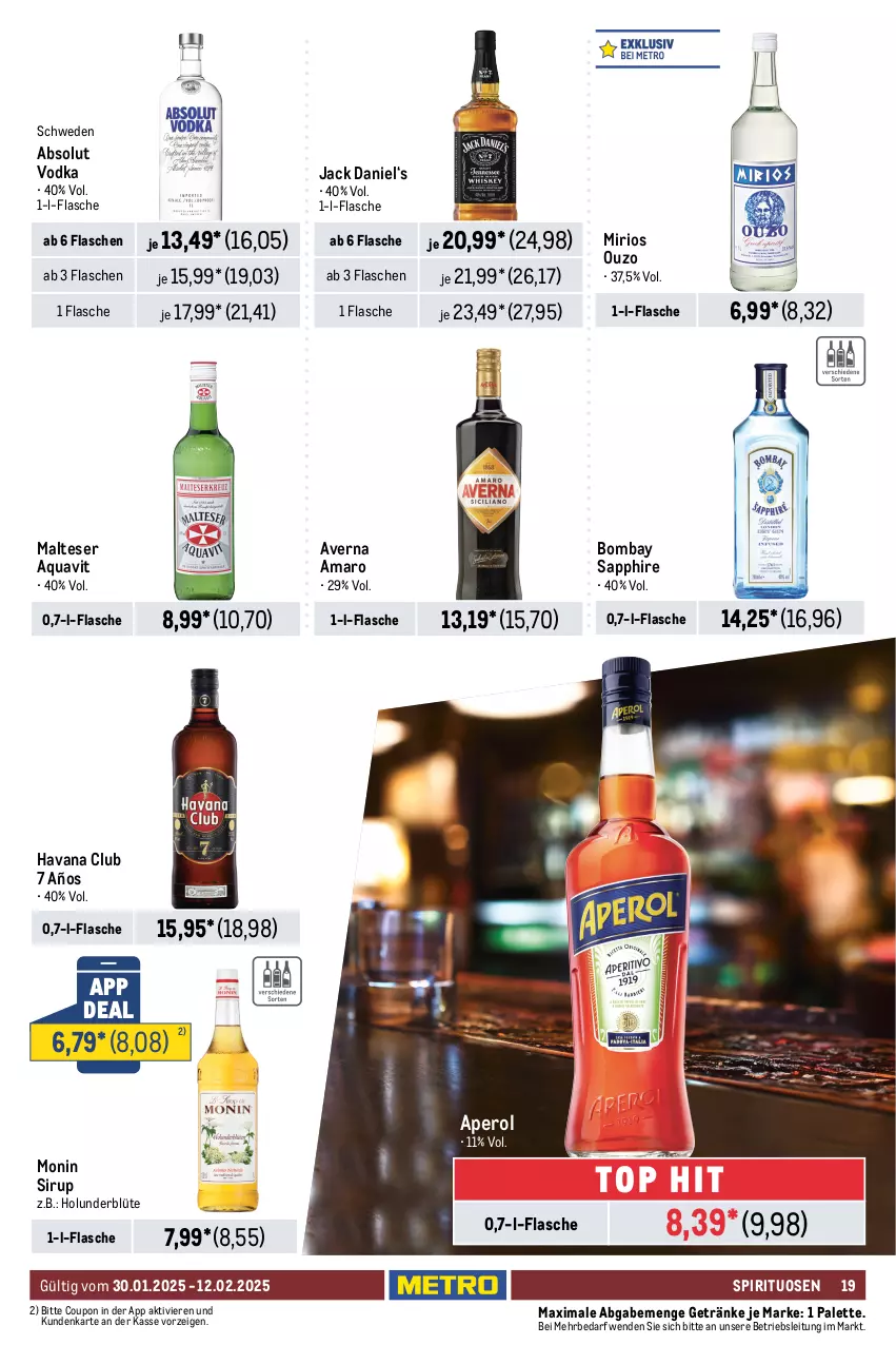 Aktueller Prospekt Metro - GastroJournal - von 30.01 bis 12.02.2025 - strona 19 - produkty: Absolut Vodka, amaro, aperol, aqua, aquavit, averna, Blüte, bombay sapphire, coupon, flasche, getränk, getränke, Havana Club, holunder, holunderblüte, jack daniel, LG, malteser, monin, ouzo, Palette, sapphire, sirup, spirituosen, Ti, vodka