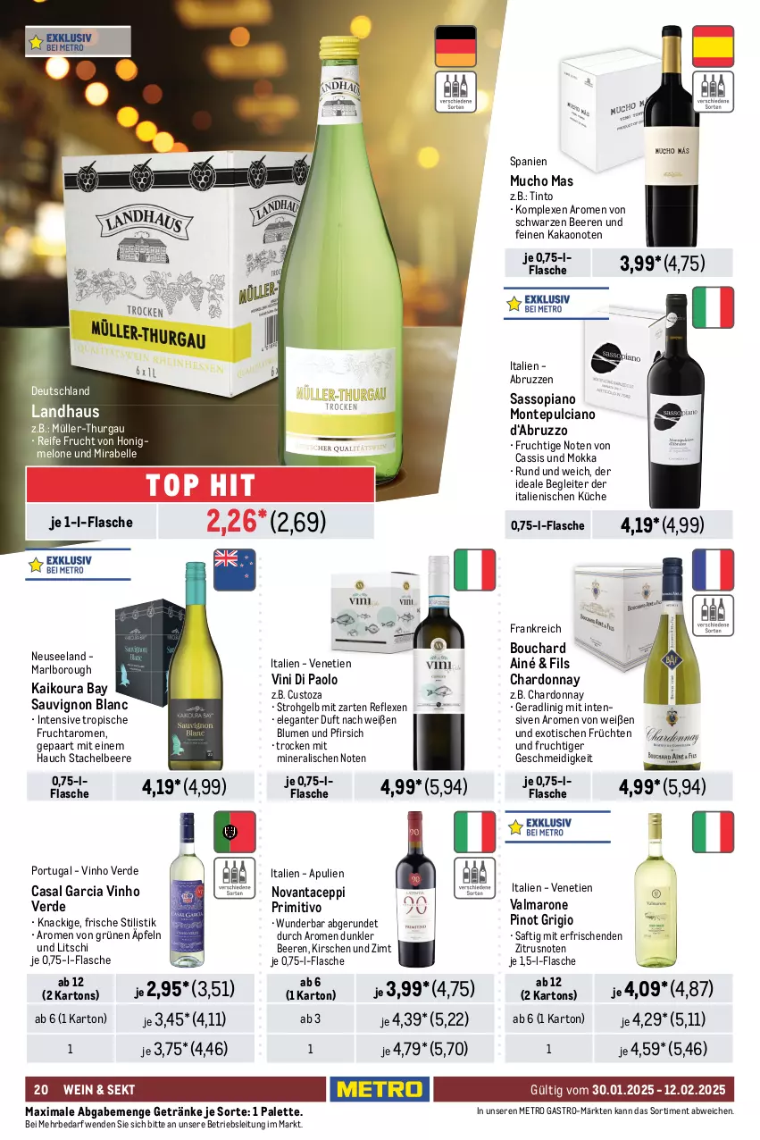 Aktueller Prospekt Metro - GastroJournal - von 30.01 bis 12.02.2025 - strona 20 - produkty: aperitif, apfel, Bad, beere, beeren, blume, blumen, brut, brut dargent, casal garcia, cassis, champagne, champagner, chardonnay, de blancs, ecco, Elan, elle, erde, ernesto, flasche, frizzante, frucht, früchte, früchten, geldermann, getränk, getränke, honig, honigmelone, kakao, kirsch, kirsche, kirschen, küche, La Gioiosa, limo, Lusti, mandel, mandeln, melone, Metro, metro gastro, monte, Montepulciano, Müller, Müller-Thurgau, orange, orangen, Palette, perla, pfirsich, Pinot, pinot grigio, primitivo, prosecco, puma, saft, saro, sauvignon, sauvignon blanc, Schal, Schale, sekt, spumante, Ti, tisch, valdo, vinho verde, wein, zitrone, zitronen