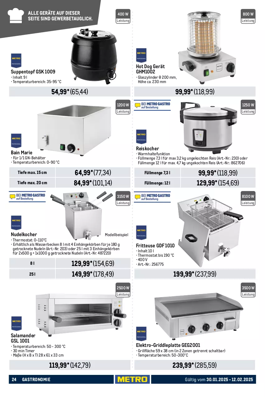 Aktueller Prospekt Metro - GastroJournal - von 30.01 bis 12.02.2025 - strona 24 - produkty: auto, Behälter, curry, currywurst, dell, eis, Elektro, fleisch, fritteuse, grill, grillfläche, hot dog, Kocher, latte, leine, messer, Mixer, Mode, nudel, nudeln, reis, Schal, stabmixer, suppe, suppen, thermostat, Ti, tiefpreis, timer, topf, wasser, wurst