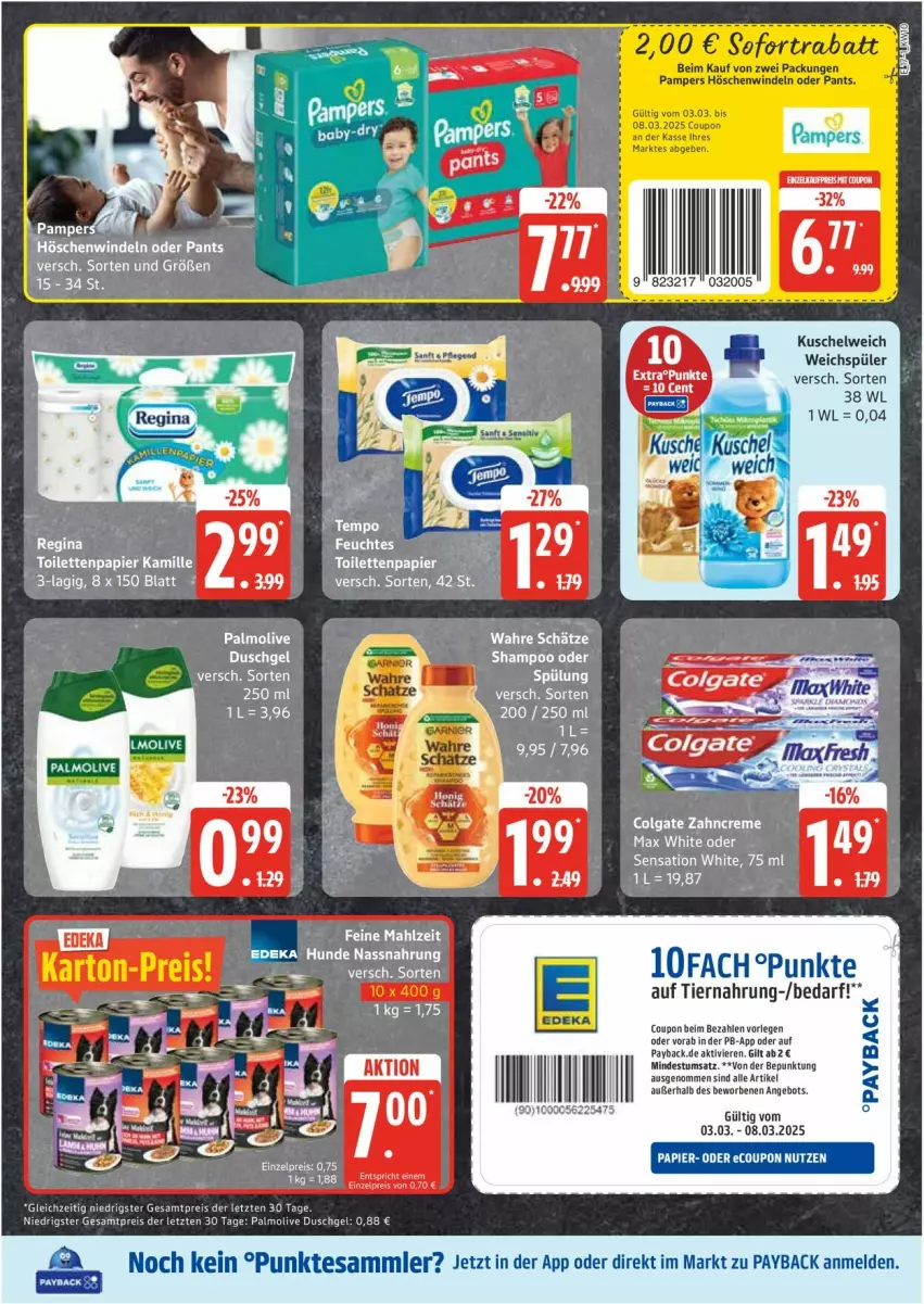 Aktueller Prospekt Edeka - Prospekte - von 03.03 bis 08.03.2025 - strona 17 - produkty: angebot, coupon, deka, duschgel, eis, feuchtes toilettenpapier, Kamill, kamille, Kuschelweich, Max White, Nassnahrung, olive, palmolive, papier, payback, reis, Ti, tiernahrung, toilettenpapier, Wahre Schätze, weichspüler, ZTE