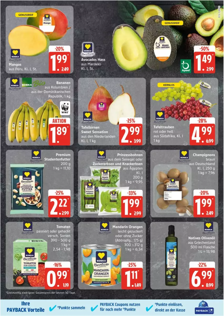 Aktueller Prospekt Edeka - Prospekte - von 03.03 bis 08.03.2025 - strona 5 - produkty: avocado, avocados, banane, bananen, braun, champignon, champignons, champignons braun, coupon, coupons, eis, erbsen, flasche, knacker, mango, mangos, natives olivenöl, nuss, olive, oliven, olivenöl, orange, orangen, payback, reis, tafeltrauben, Ti, tomate, tomaten, Tomaten Passiert, trauben, ZTE, zucker