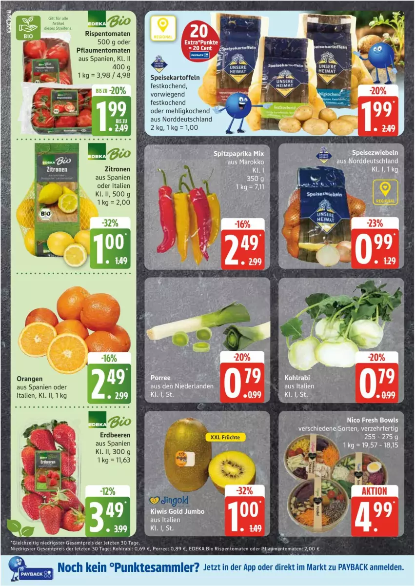 Aktueller Prospekt Edeka - Prospekte - von 03.03 bis 08.03.2025 - strona 6 - produkty: beere, beeren, bio, deka, edeka bio, eis, erdbeere, erdbeeren, jumbo, kartoffel, kartoffeln, kiwi, kohlrabi, mehl, orange, orangen, payback, pflaume, pflaumen, reis, rispentomaten, speisekartoffeln, tee, tesa, Ti, tomate, tomaten, zitrone, zitronen, ZTE