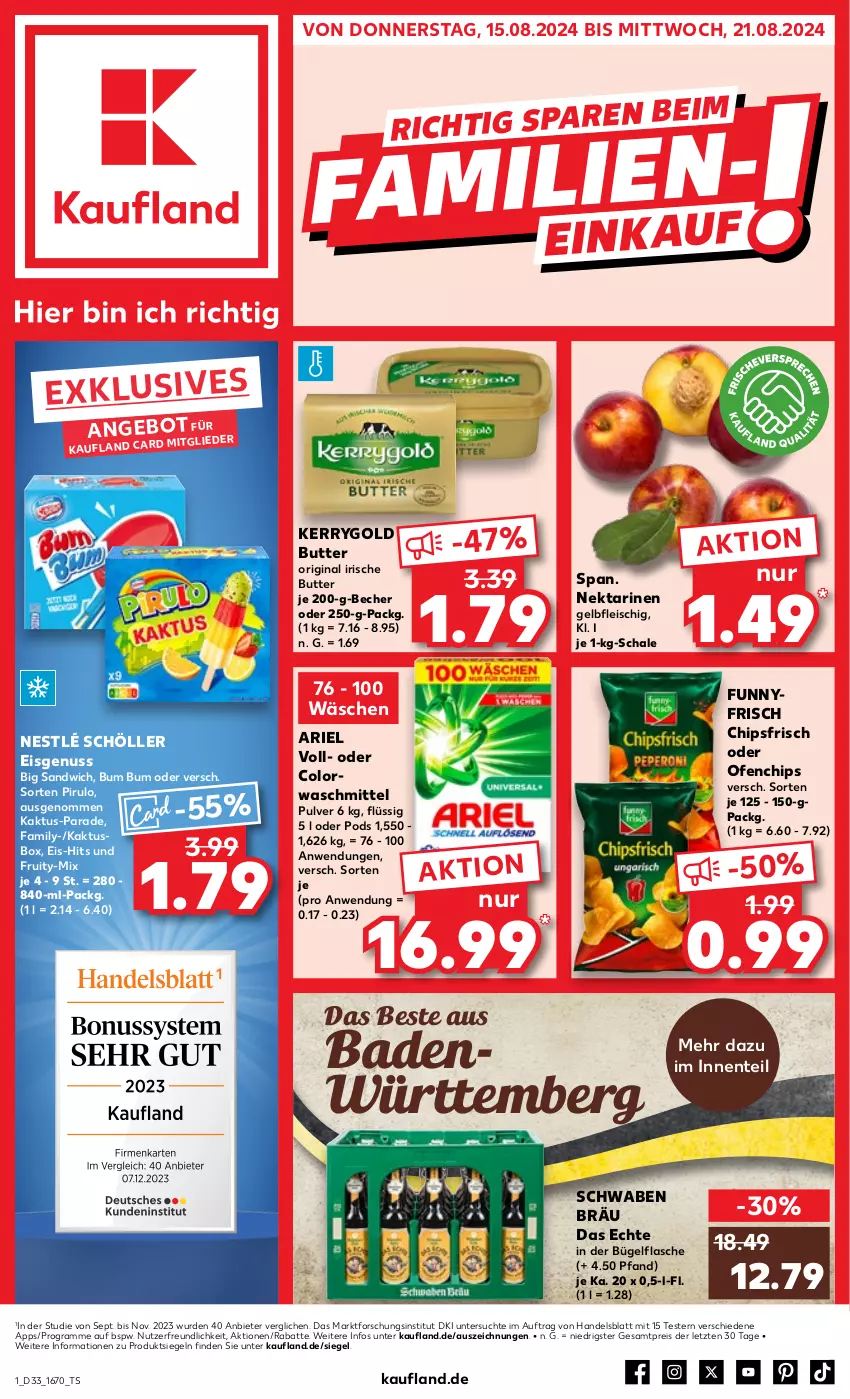 Aktueller Prospekt Kaufland - Prospekt - von 15.08 bis 21.08.2024 - strona 1 - produkty: angebot, angebote, ariel, Bad, Becher, bügel, bügelflasche, butter, chips, chipsfrisch, colorwaschmittel, eis, ente, flasche, fleisch, gin, irische butter, kerrygold, Nektar, nektarinen, nestlé, nestlé schöller, nuss, Ofen, Pods, reis, sandwich, Schal, Schale, Schöller, Ti, usb, waschmittel, ZTE