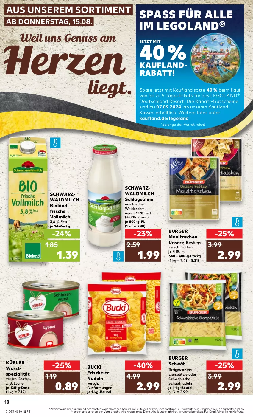 Aktueller Prospekt Kaufland - Prospekt - von 15.08 bis 21.08.2024 - strona 10 - produkty: angebot, beutel, bio, bioland, eier, eiernudeln, eierspätzle, gutschein, gutscheine, lyoner, maultaschen, milch, ndk, nudel, nudeln, nuss, sahne, schlagsahne, Spezi, Tasche, taschen, teigwaren, Ti, vollmilch, wurst, Yo, ZTE