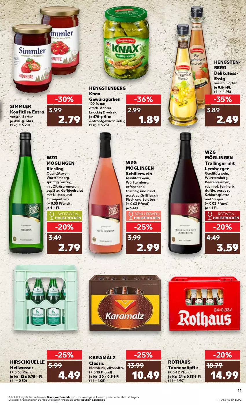 Aktueller Prospekt Kaufland - Prospekt - von 15.08 bis 21.08.2024 - strona 11 - produkty: alkohol, angebot, angebote, Bau, beere, beeren, Berger, drink, eis, elle, essig, filet, filets, fisch, fleisch, frucht, Geflügel, geflügelsalat, gewürz, Gewürzgurke, gewürzgurken, grill, gurke, gurken, hengstenberg, karamalz, konfitüre, konfitüre extra, latte, malz, orange, orangen, qualitätswein, rama, reis, riesling, rotwein, Rubin, rwe, salat, salate, saro, sim, Ti, trolli, trollinger, wasser, wein, ZTE