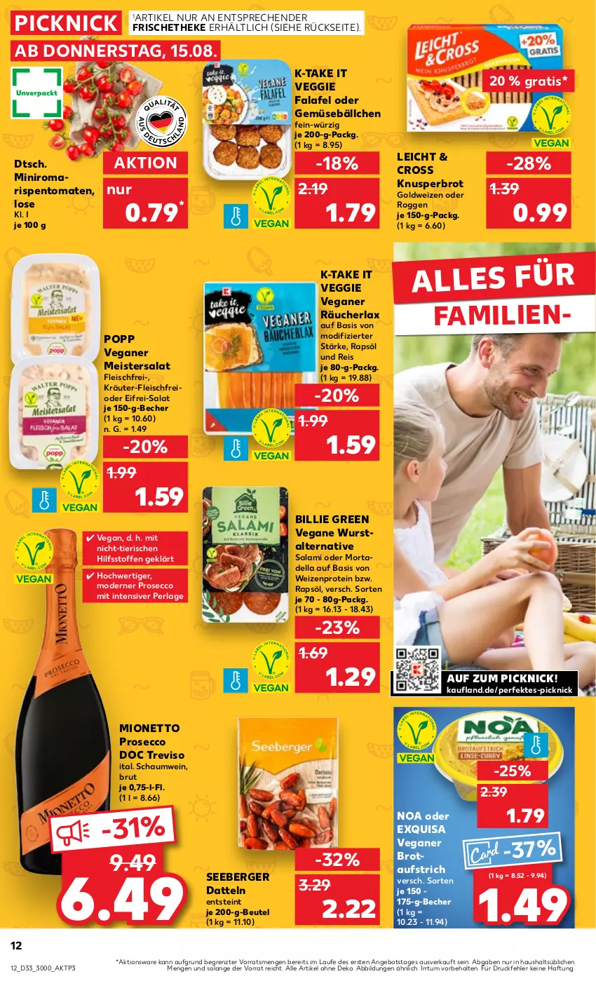 Aktueller Prospekt Kaufland - Prospekt - von 15.08 bis 21.08.2024 - strona 12 - produkty: angebot, aufstrich, Becher, Berger, beutel, brot, brotaufstrich, brut, Datteln, dell, ecco, eis, exquisa, Falafel, fleisch, kräuter, Meister, mionetto, Mode, mortadella, perla, Popp, prosecco, rapsöl, reis, rispentomaten, salami, salat, seeberger, Ti, tomate, tomaten, veggie, wein, wurst, ZTE