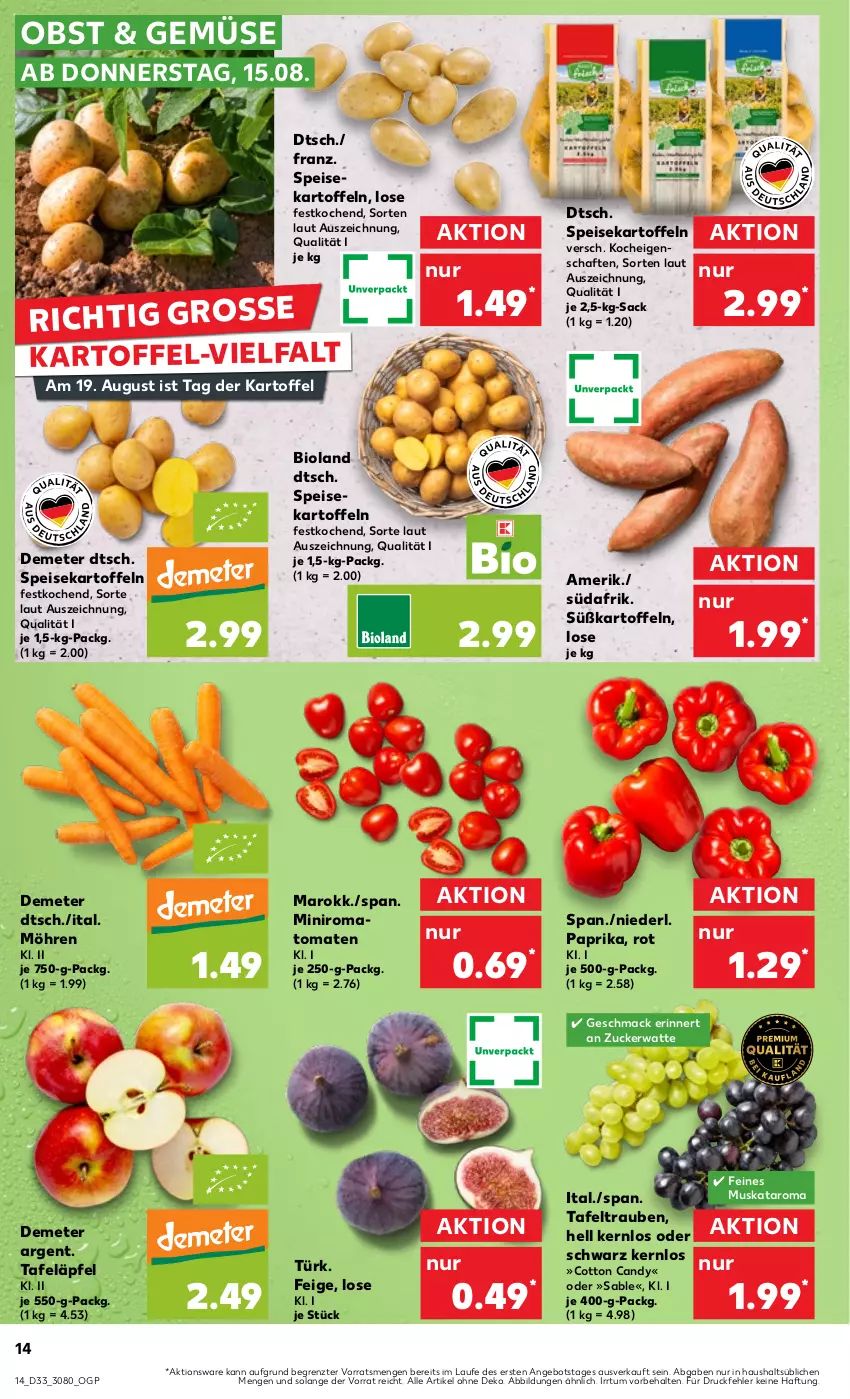 Aktueller Prospekt Kaufland - Prospekt - von 15.08 bis 21.08.2024 - strona 14 - produkty: angebot, bio, bioland, eis, kartoffel, kartoffeln, mac, möhren, obst, paprika, sac, speisekartoffeln, Süßkartoffeln, tafeläpfel, tafeltrauben, Ti, tomate, tomaten, trauben, ZTE, zucker