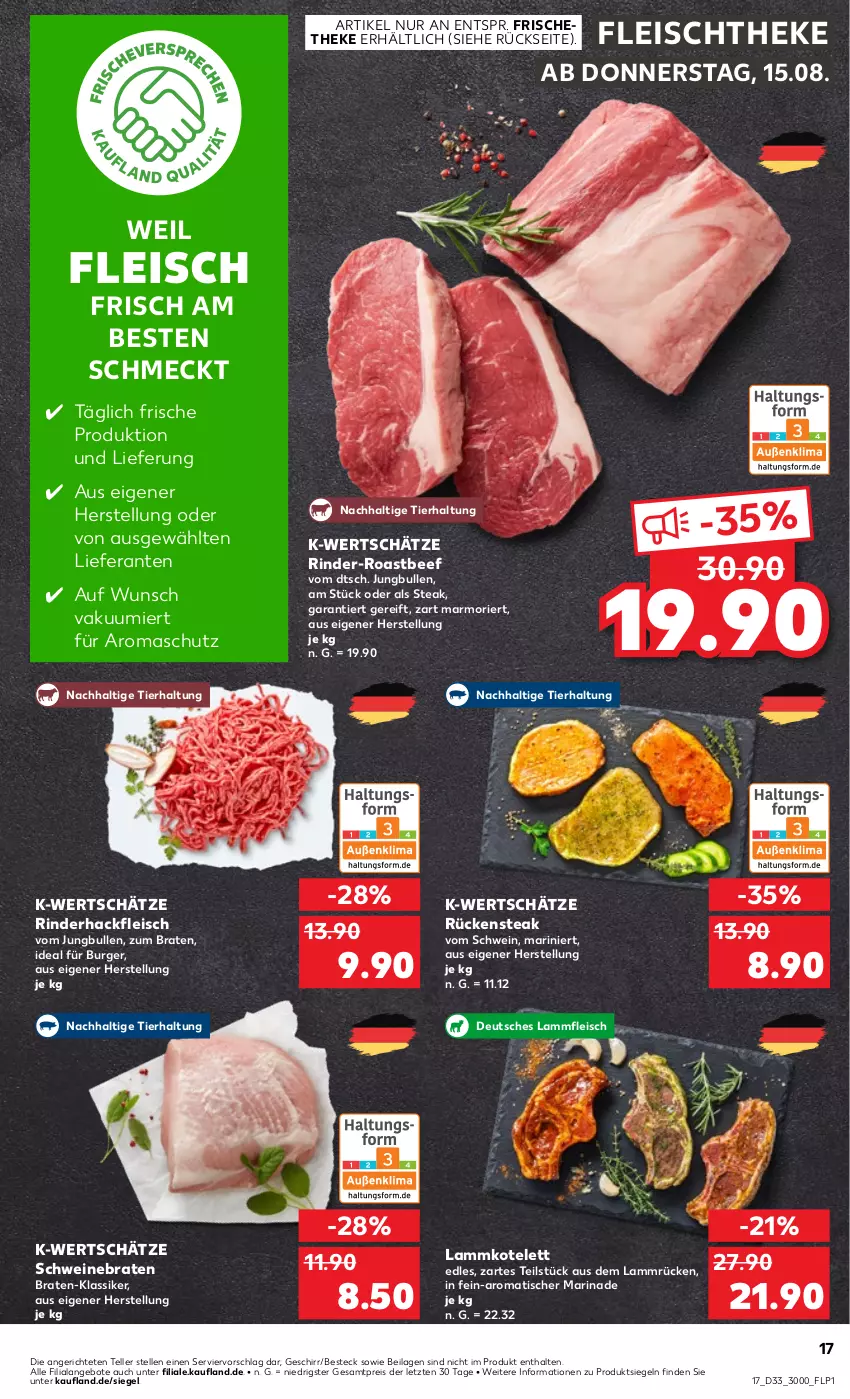 Aktueller Prospekt Kaufland - Prospekt - von 15.08 bis 21.08.2024 - strona 17 - produkty: angebot, angebote, beef, besteck, braten, burger, eis, elle, fleisch, geschirr, hackfleisch, ilag, jungbullen, kotelett, lamm, Lammfleisch, lammkotelett, Lammrücken, marinade, reis, rind, rinder, rinderhackfleisch, roastbeef, Rückensteak, schwein, schweine, schweinebraten, steak, teller, Ti, tisch, wein, weine, ZTE