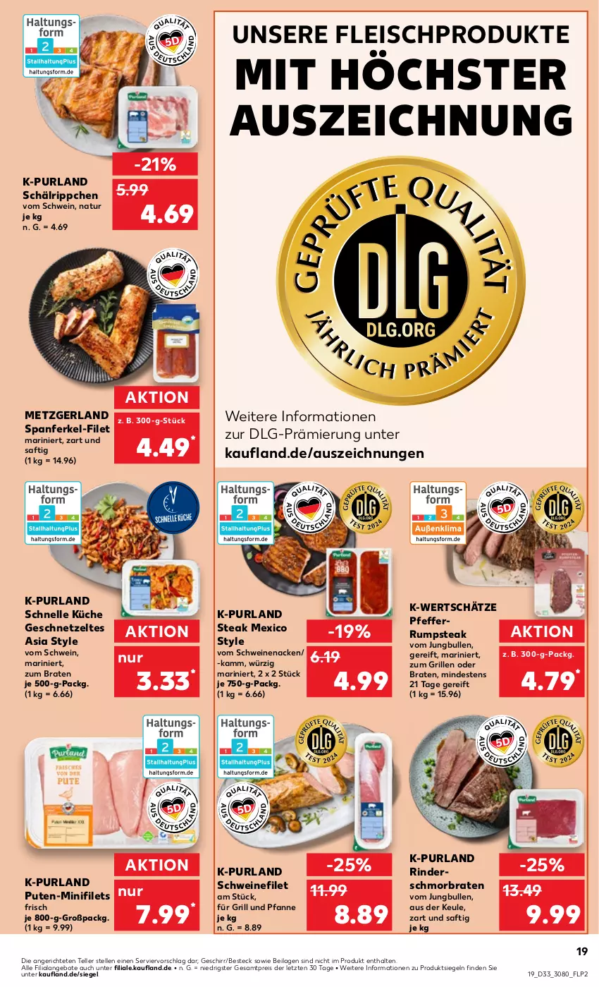 Aktueller Prospekt Kaufland - Prospekt - von 15.08 bis 21.08.2024 - strona 19 - produkty: angebot, angebote, besteck, braten, eis, elle, filet, filets, fleisch, für grill und pfanne, geschirr, geschnetzeltes, grill, grill und pfanne, HP, ilag, jungbullen, küche, LG, natur, pfanne, pfeffer, purland, pute, reis, rind, rinder, rum, rumpsteak, saft, schmorbraten, schwein, schweine, schweinefilet, schweinenacken, steak, teller, Ti, und pfanne, vom schweinenacken, wein, weine, Zelt, ZTE